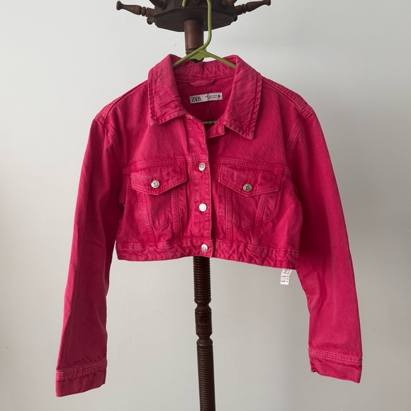 Zara Jackets & Blazers - Zara Cropped Pink Denim Jacket Size M 100% Cotton Hot Pink Trucker